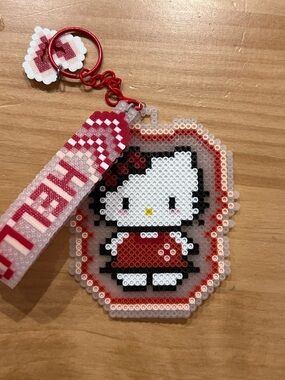 Handmade Perler Bead Hello Kitty Keychain Red Dress w Strap NEW